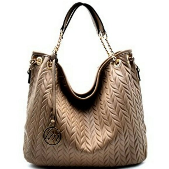 Le Miel TAN Woven Pattern Gold Medallion Shoulder Handbag - Picture 1 of 6